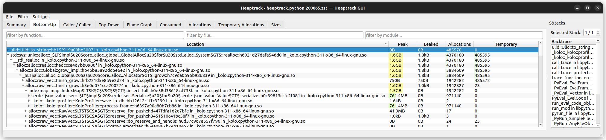 heaptrack's Bottom-Up view showing 1.6GB memory usage.