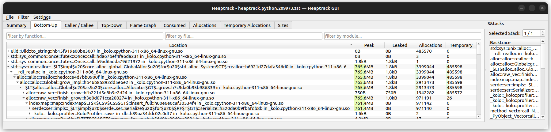 heaptrack's Bottom-Up view showing 765MB memory usage.