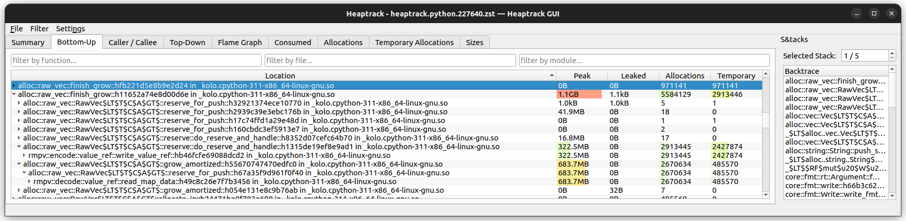 heaptrack's Bottom-Up view showing 683MB used to decode map data in ValueRef and 322MB in write_value_ref.